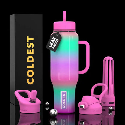 Leak-proof iridescent water bottle with pink handle and straw, COLDEST branded, trendy e-girl aesthetic