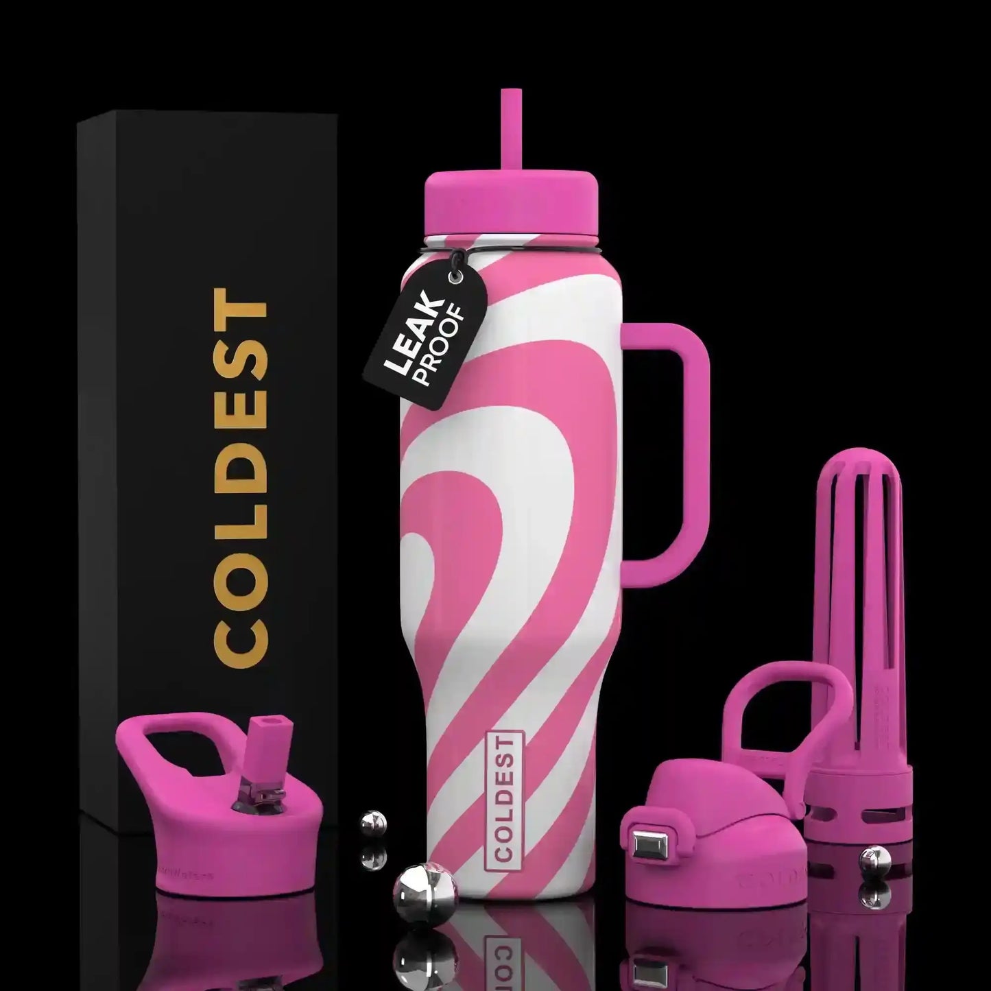 Pink and white swirled leak-proof water bottle with handle, straw lid, and COLDEST branding, ideal for trendy hydration.