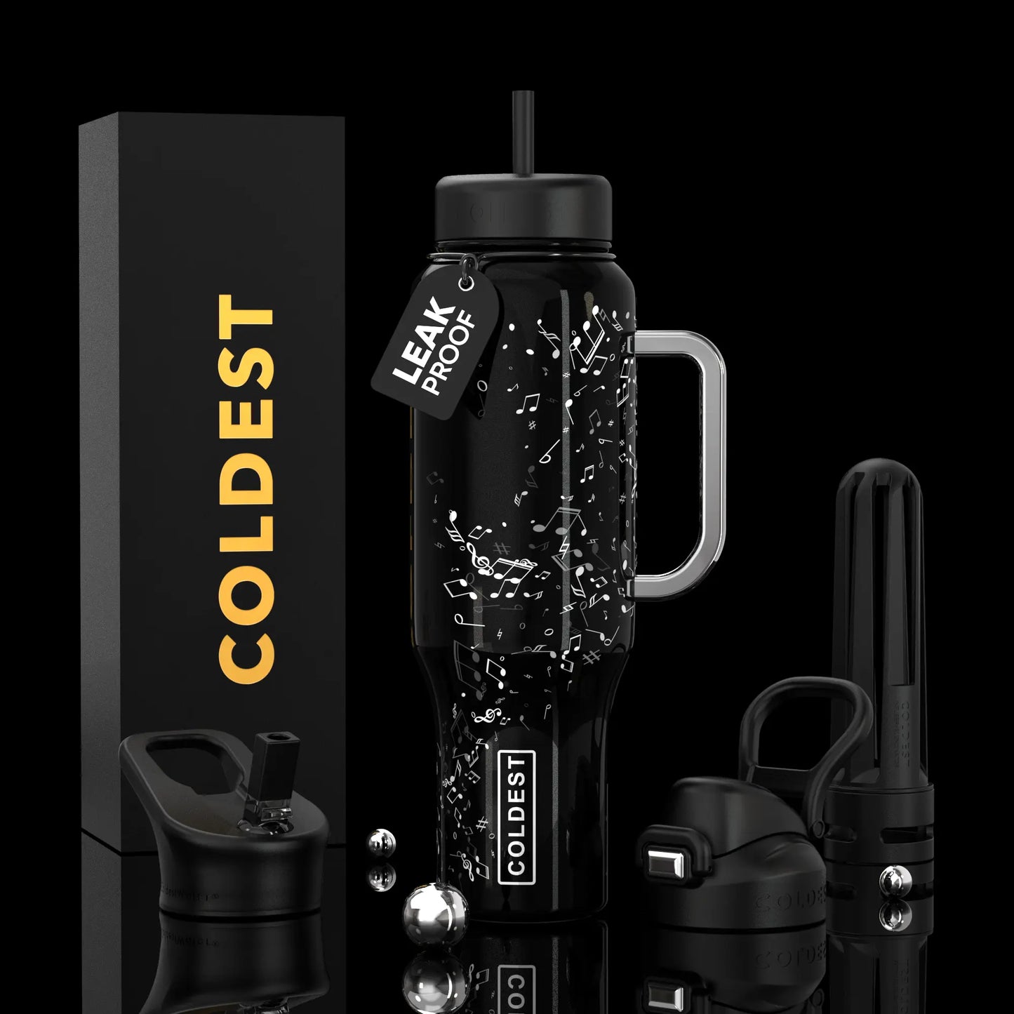 Black leak-proof water bottle with music notes, handle, straw, and COLDEST branding, ideal for trendy accessories and daily use.