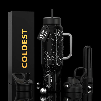 Black leak-proof water bottle with music notes, handle, straw, and COLDEST branding, ideal for trendy accessories and daily use.