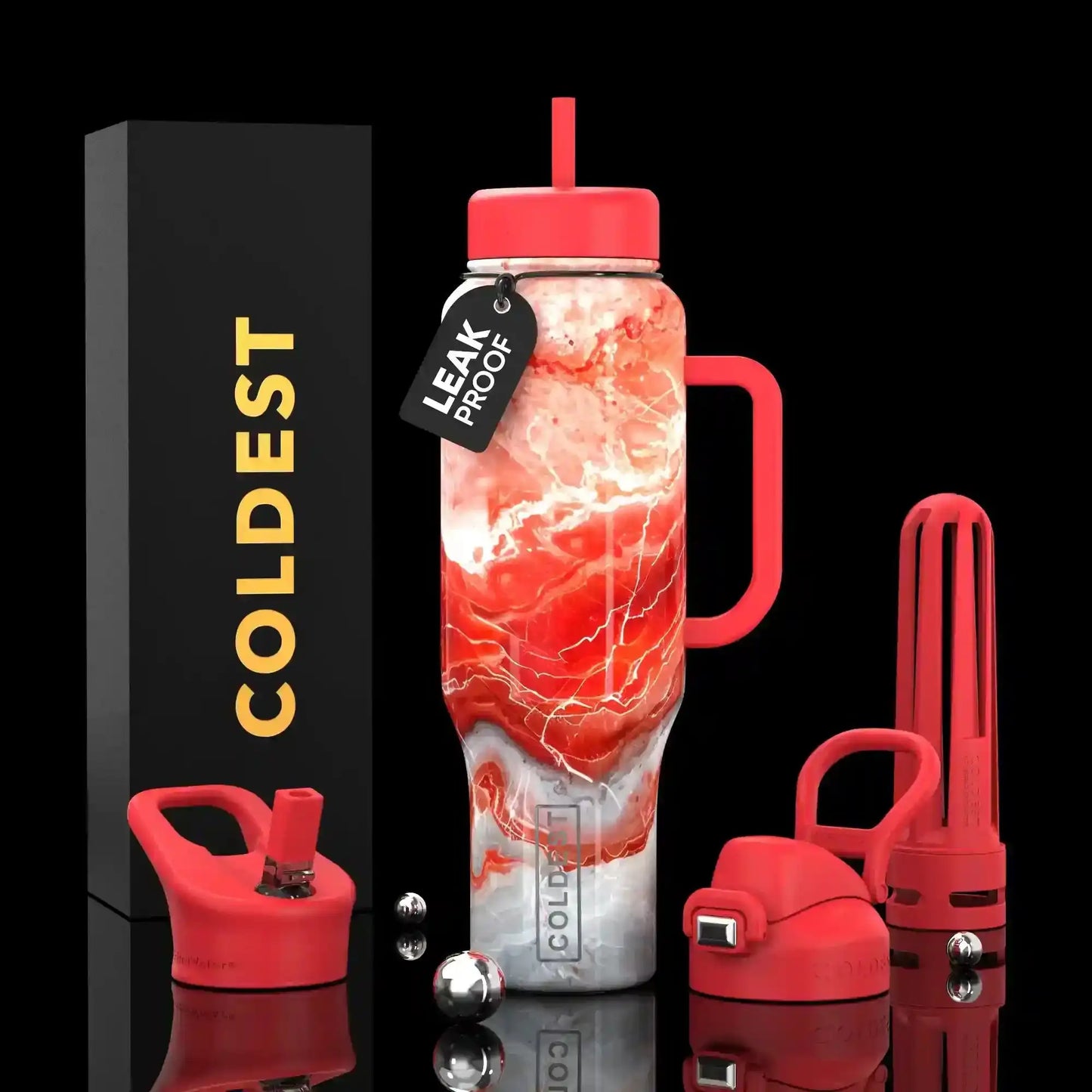 Red marble-patterned leak-proof water bottle with handle, straw, and accessories, beside 'COLDEST' box