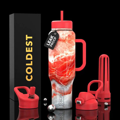 Red marble-patterned leak-proof water bottle with handle, straw, and accessories, beside 'COLDEST' box