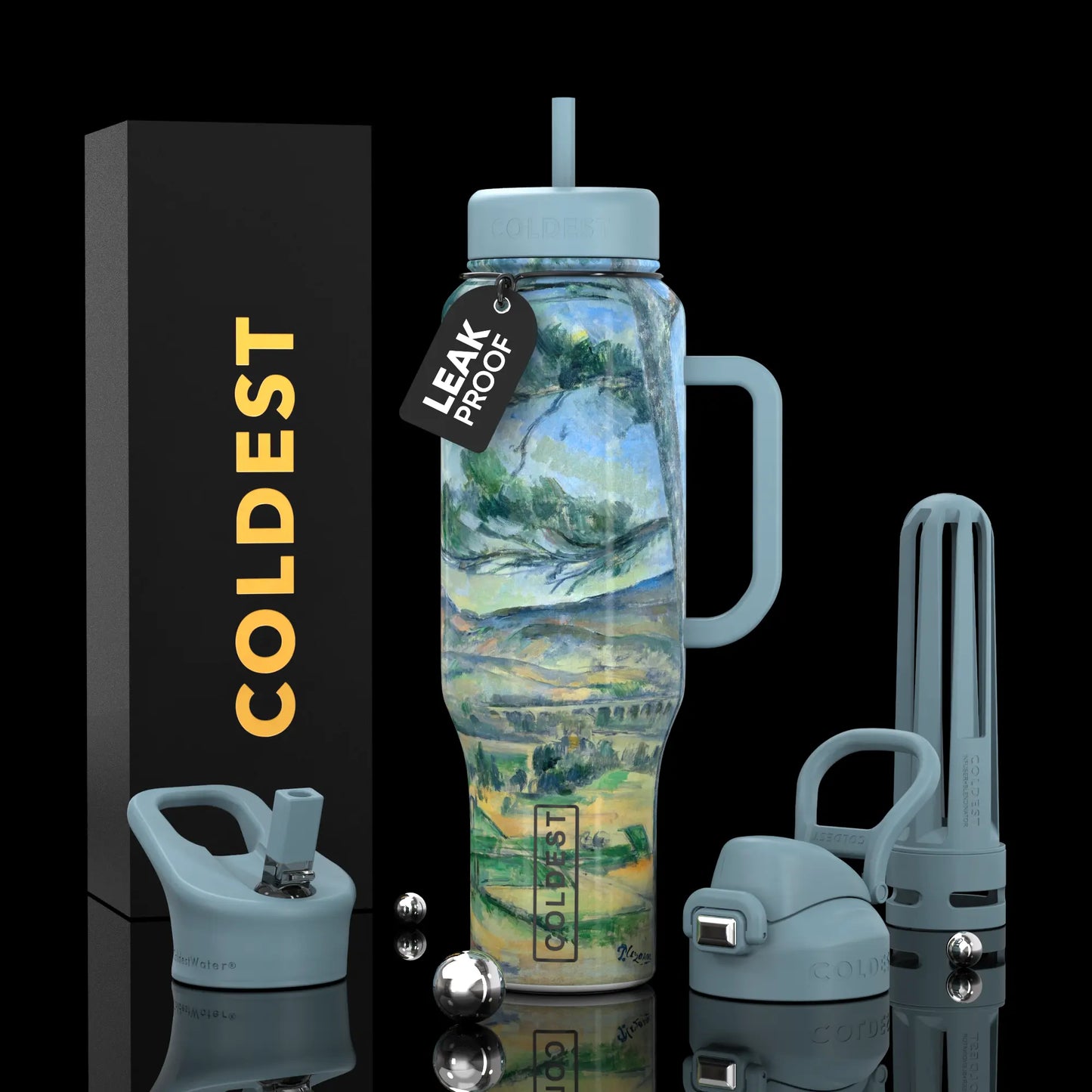 Leak-proof Coldest water bottle with artistic landscape print, handle, straw lid, and infuser, shown with packaging and accessories