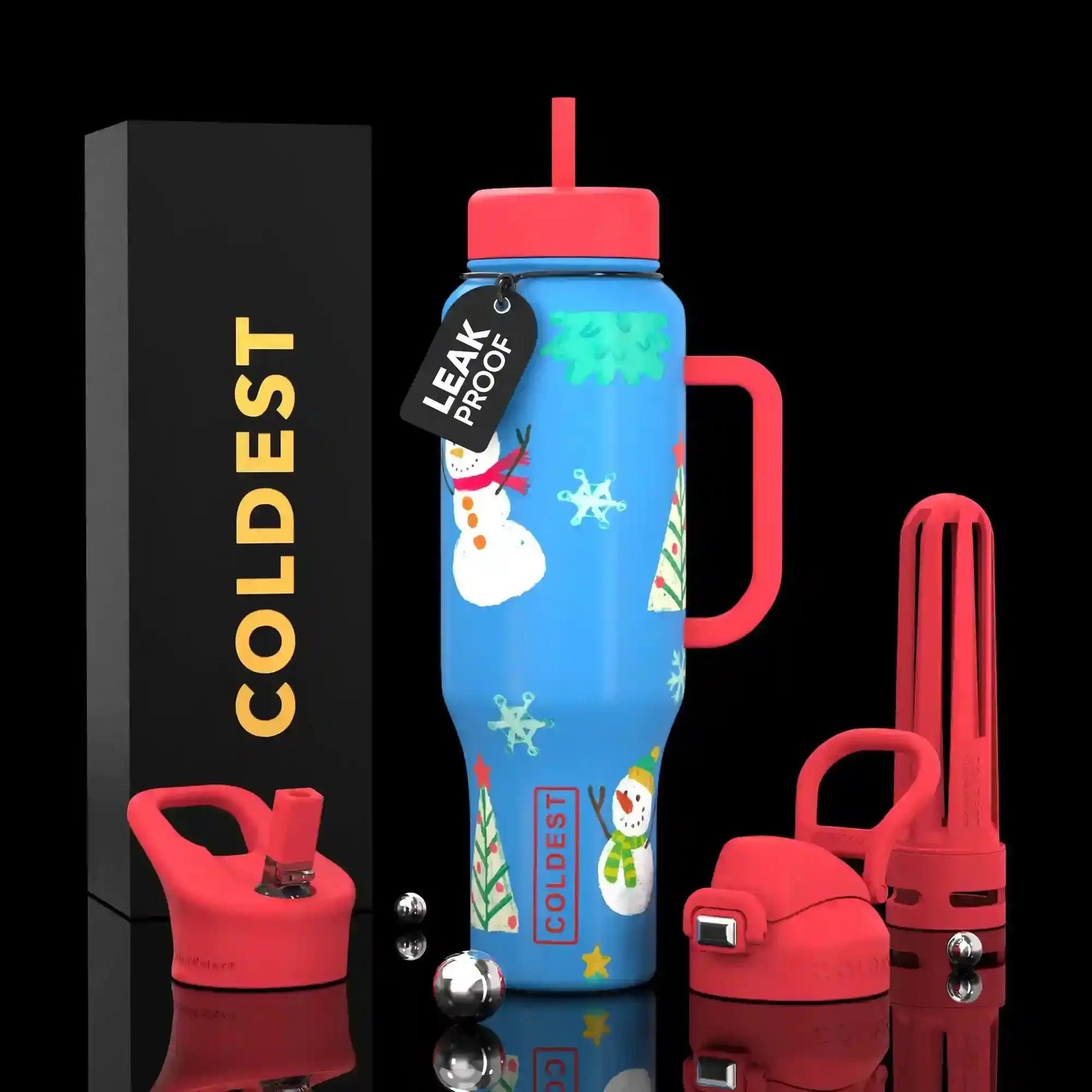 Blue holiday snowman water bottle with red lid, leak-proof, festive design, Coldest brand
