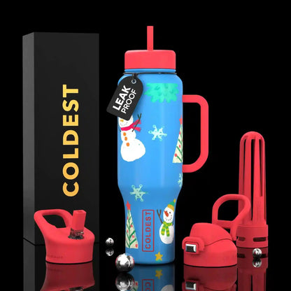 Blue holiday snowman water bottle with red lid, leak-proof, festive design, Coldest brand