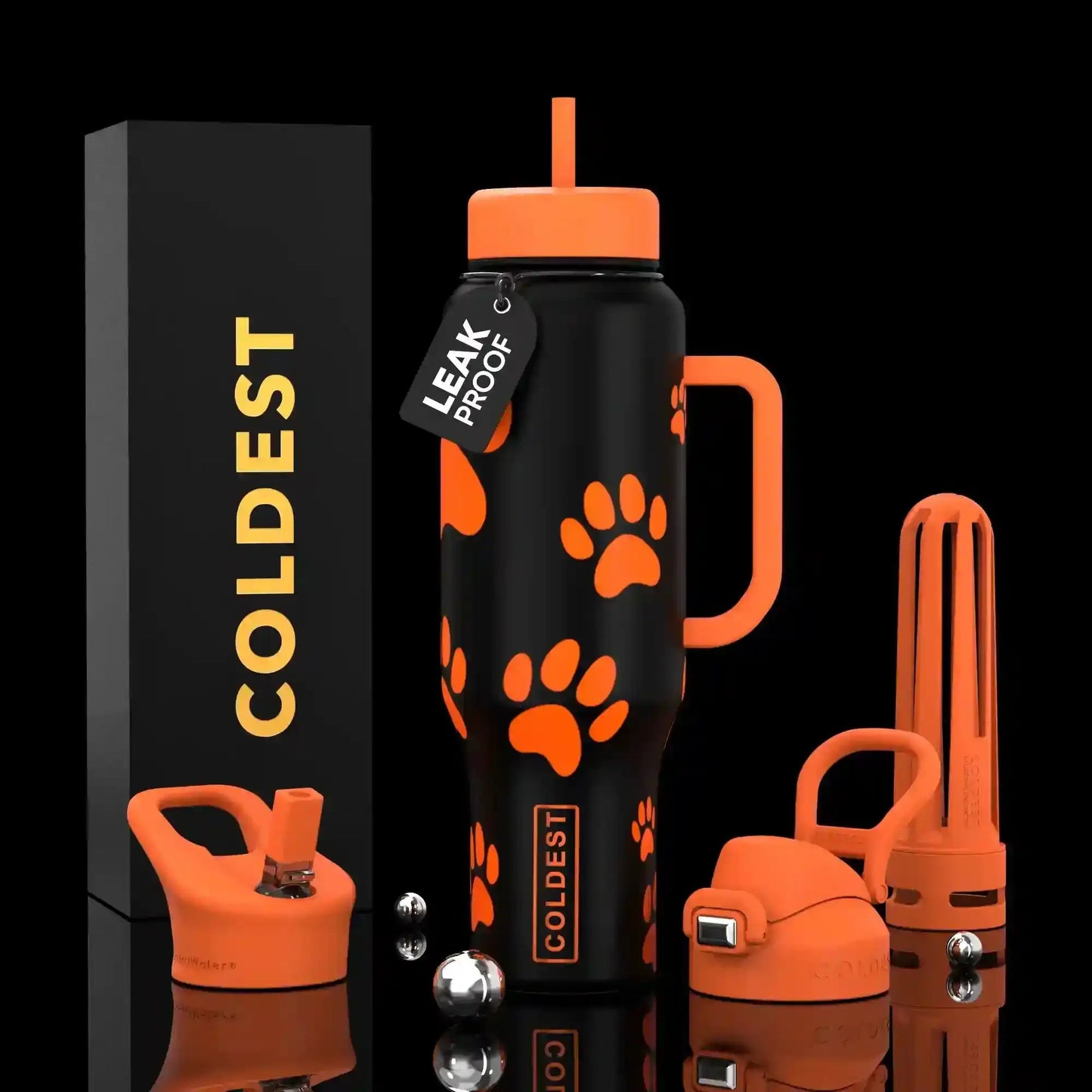 Black and orange leak-proof water bottle with paw prints, handle, straw, and COLDEST branding, ideal for trendy accessories.