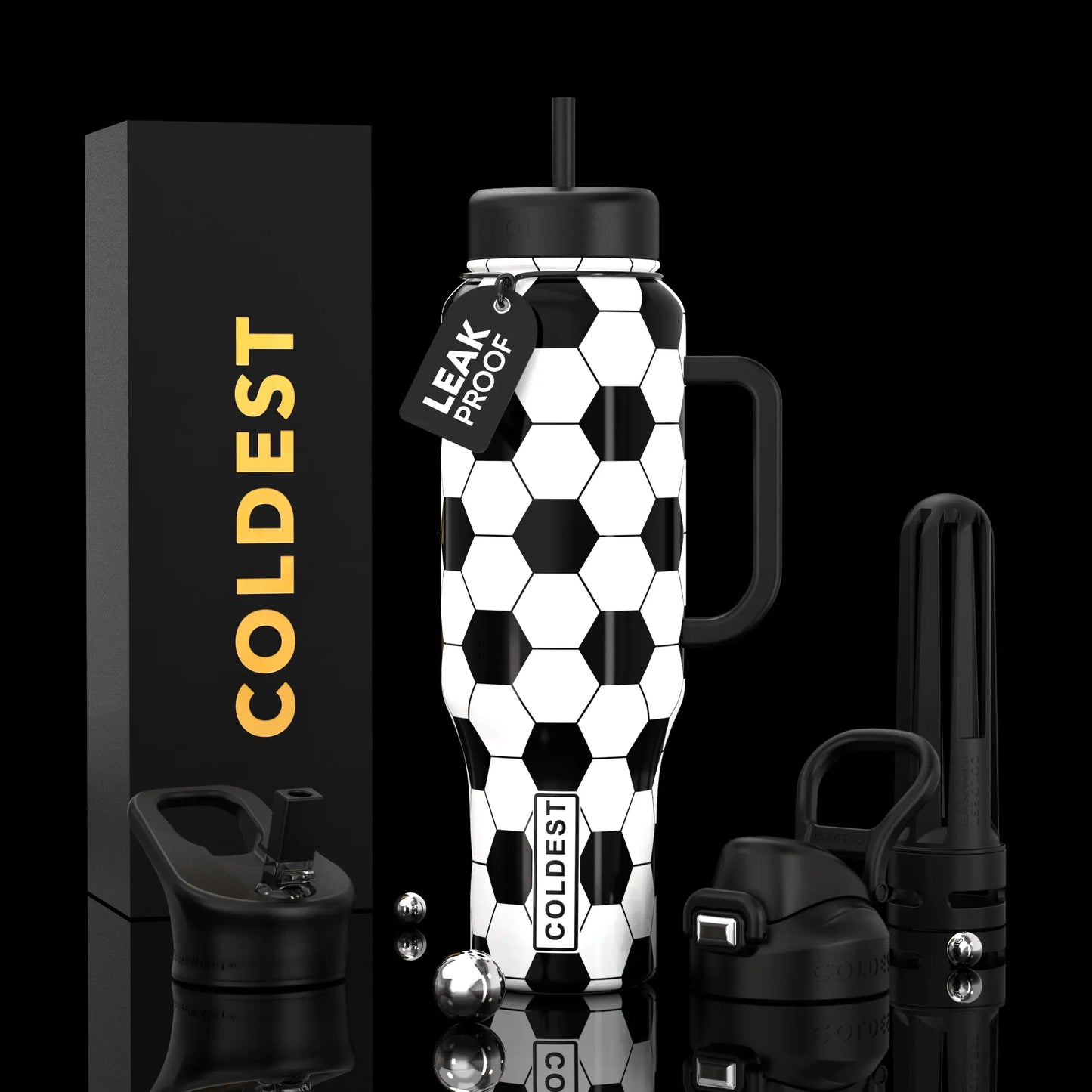 Black and white hexagon-patterned leak-proof water bottle with handle, straw lid, and COLDEST branding, shown with accessories and packaging.