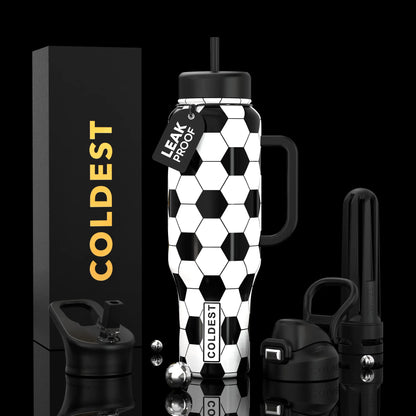 Black and white hexagon-patterned leak-proof water bottle with handle, straw lid, and COLDEST branding, shown with accessories and packaging.