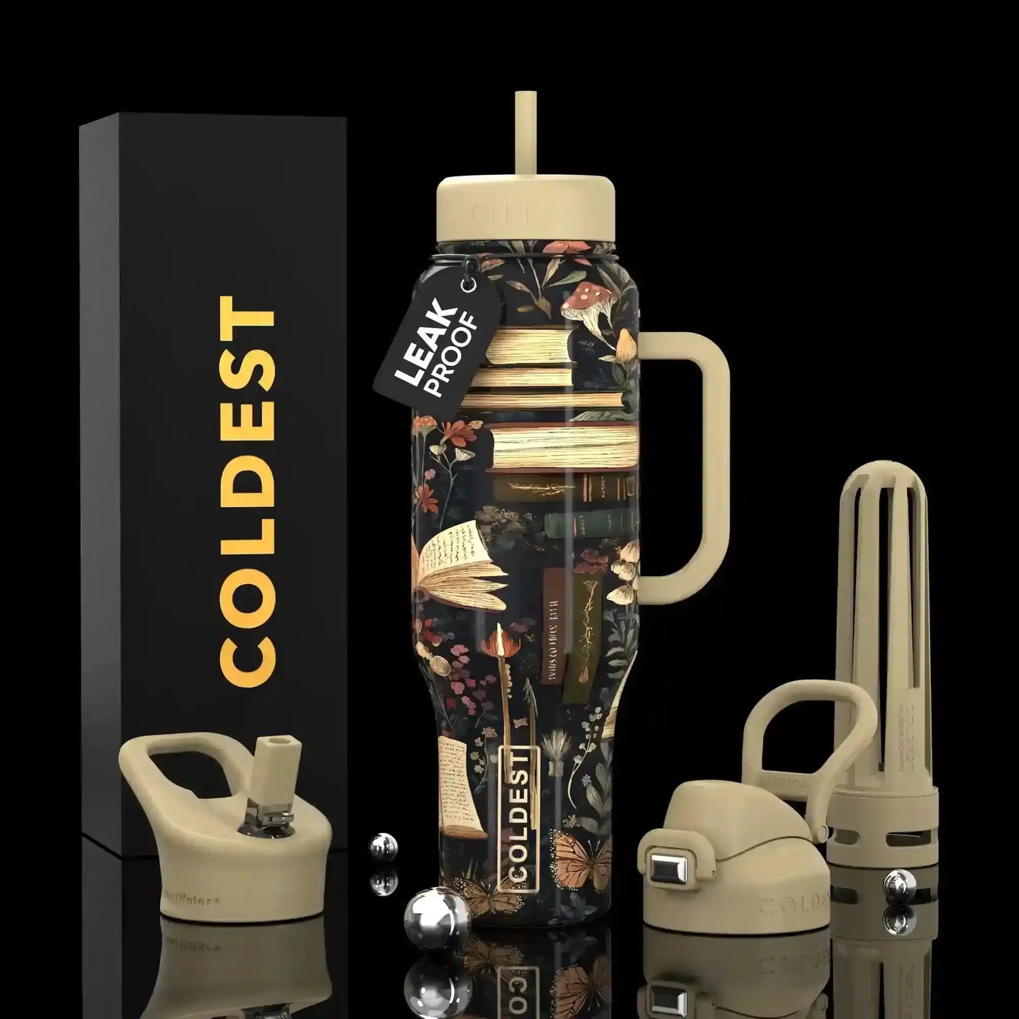Leak-proof floral book print water bottle with handle, straw lid, and COLDEST branding, trendy accessory for e-girl fashion