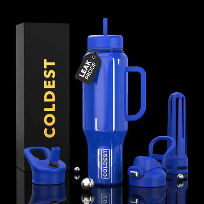 Blue leak-proof COLDEST water bottle with handle, straw, and accessories, shown with branded box