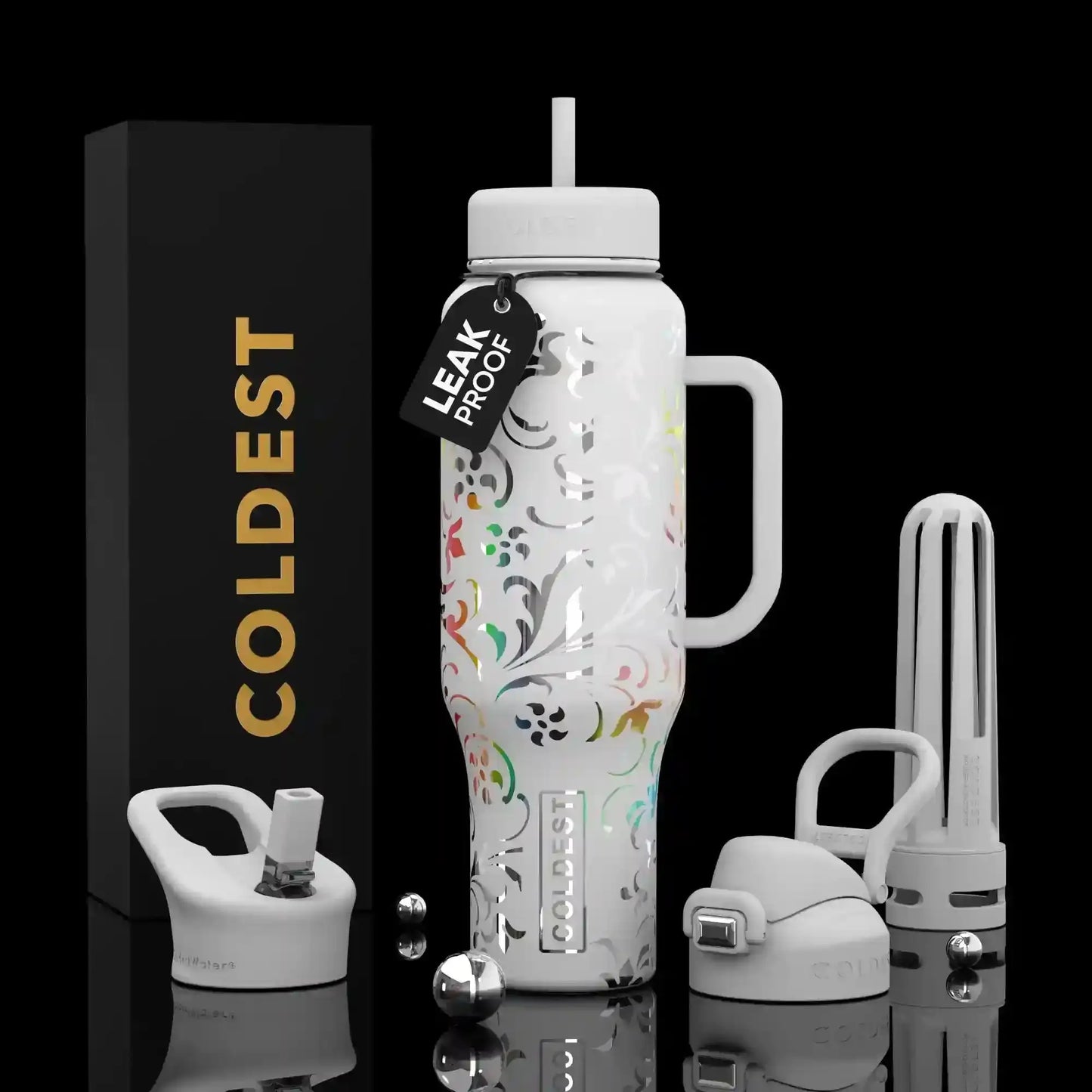 White floral-patterned leak-proof water bottle with handle, straw lid, and accessories, next to COLDEST box
