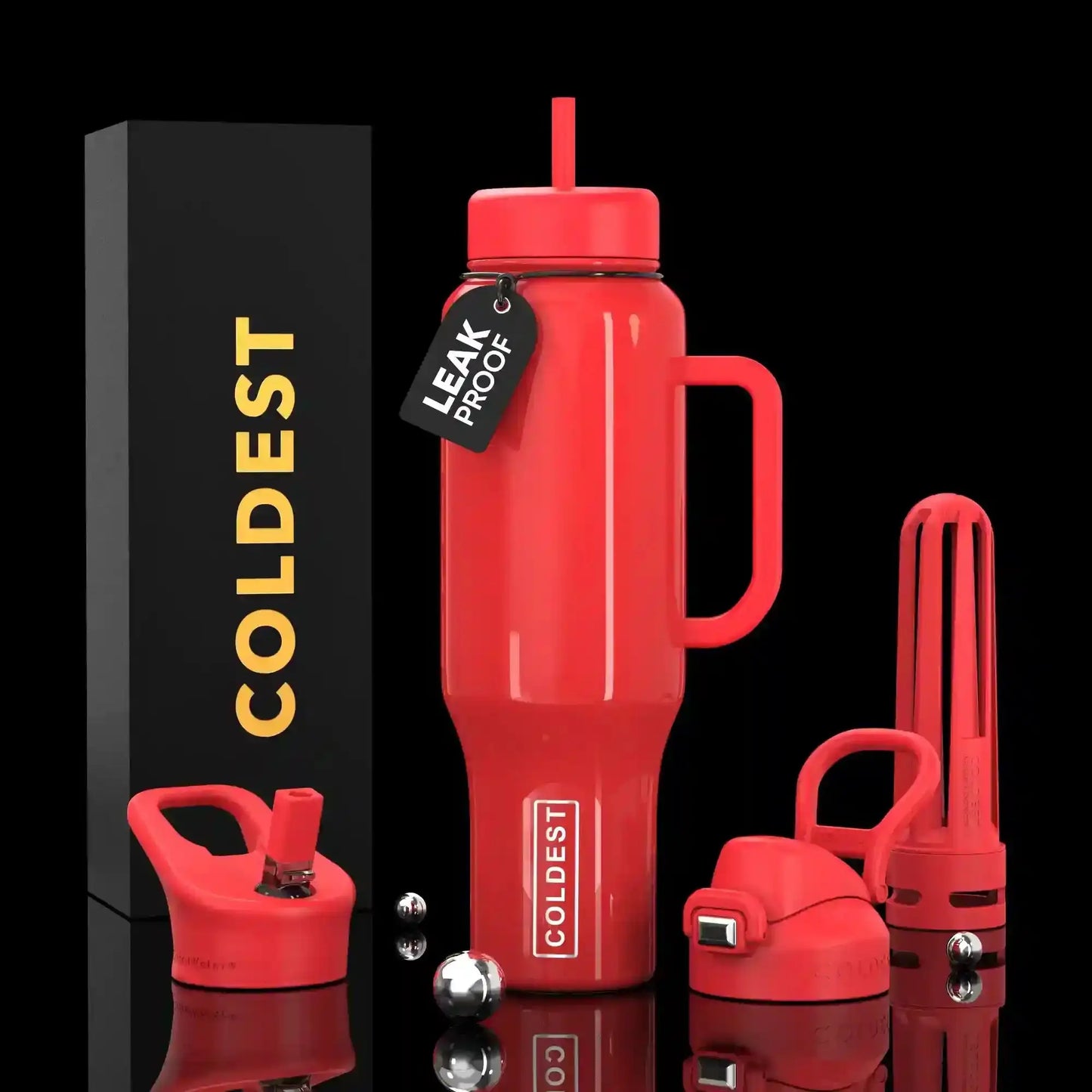 Red leak-proof COLDEST water bottle with handle, straw lid, and accessories, shown with black packaging.