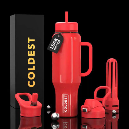 Red leak-proof COLDEST water bottle with handle, straw lid, and accessories, shown with black packaging.
