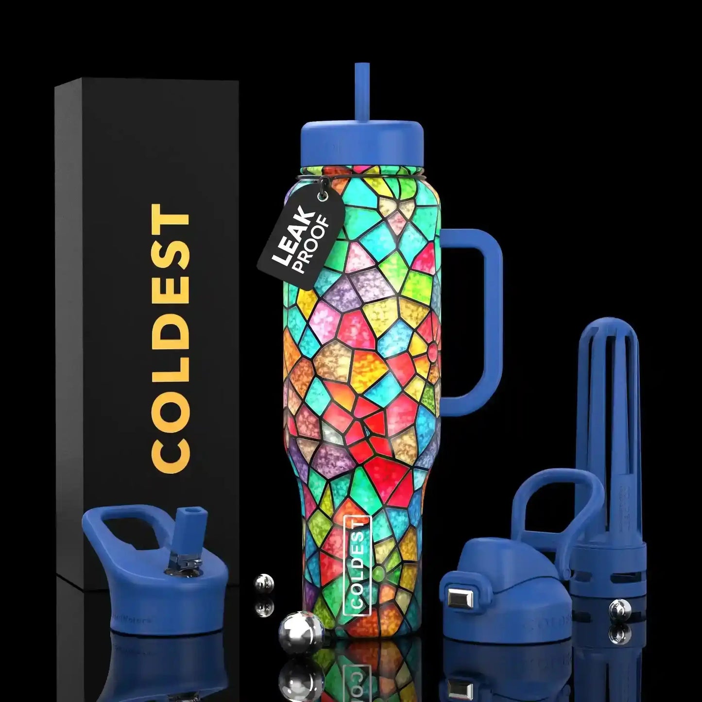 Colorful stained-glass water bottle with blue lid, leak-proof tag, and COLDEST branding, ideal for trendy hydration.