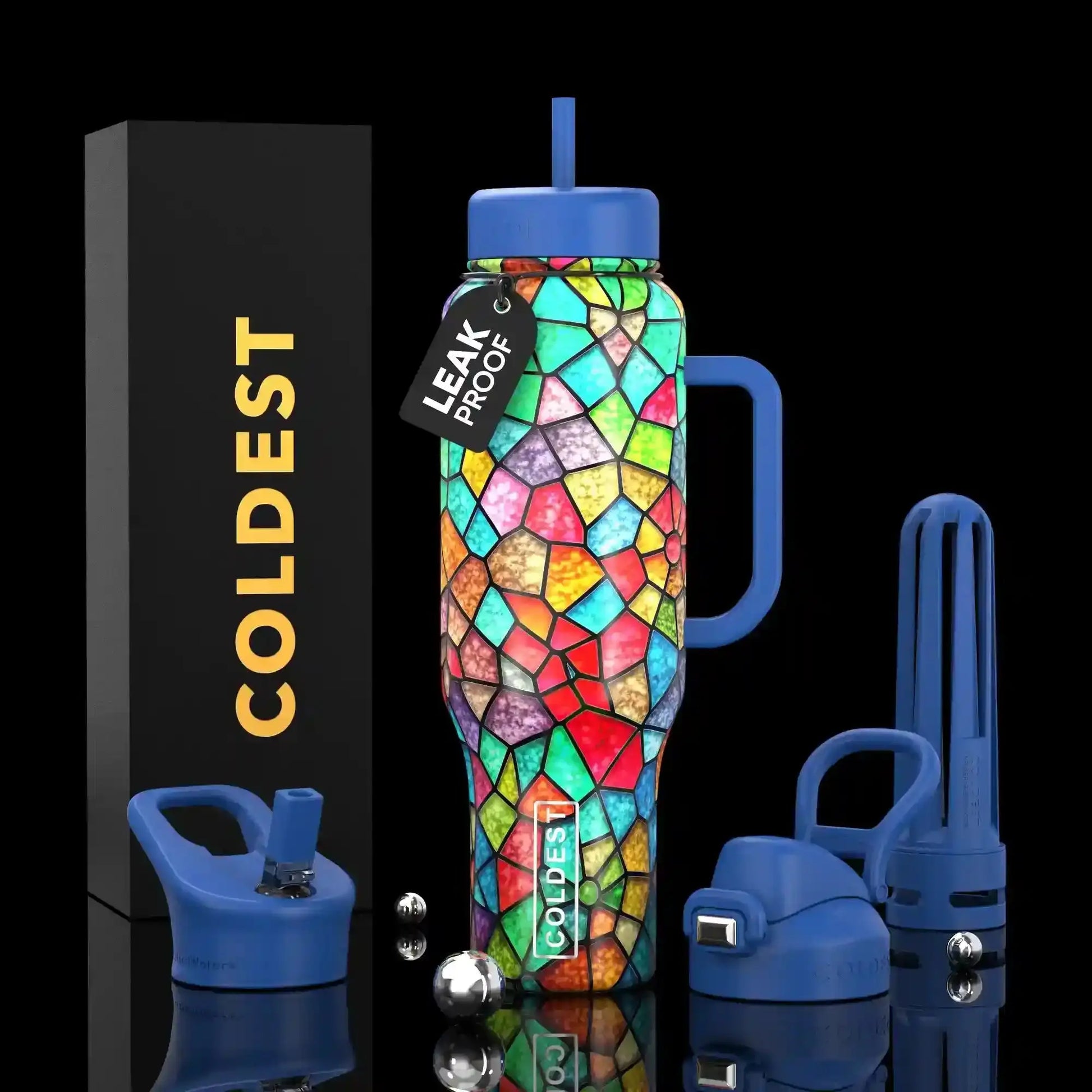 Colorful stained-glass water bottle with blue lid, leak-proof tag, and COLDEST branding, ideal for trendy hydration.