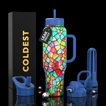 Colorful stained-glass water bottle with blue lid, leak-proof tag, and COLDEST branding, ideal for trendy hydration.