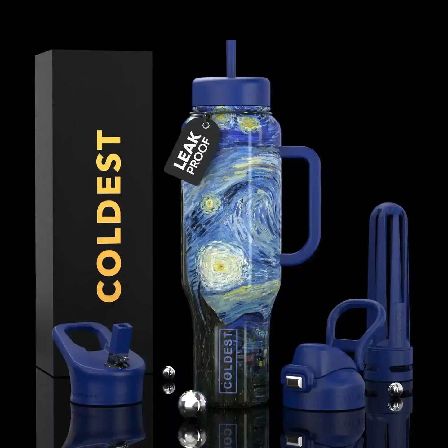 Leak-proof water bottle with Starry Night design, blue handle & straw, COLDEST brand packaging