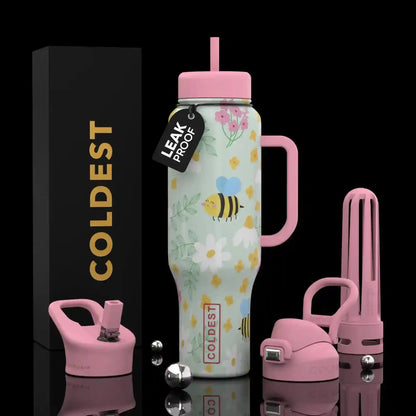 Cute floral bee water bottle with pink handle & leak proof lid, perfect for trendy e-girl fashion and daily hydration.