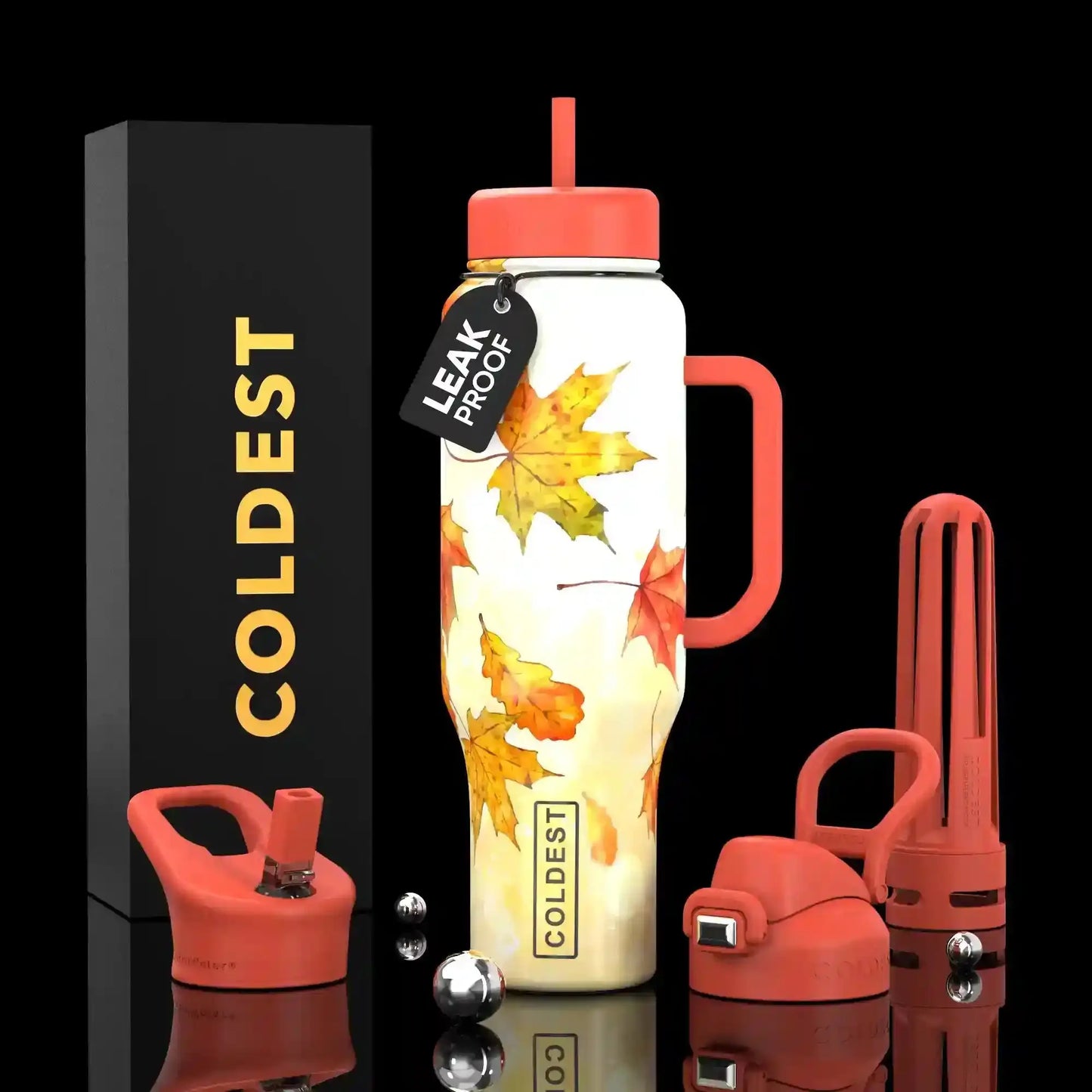 Leak-proof autumn leaf water bottle with handle, straw lid, and COLDEST branding, ideal for trendy hydration.