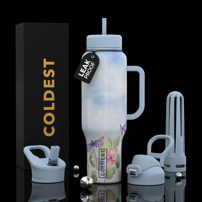 Leak-proof floral water bottle with handle, straw lid, and accessories, ideal for trendy hydration on-the-go.