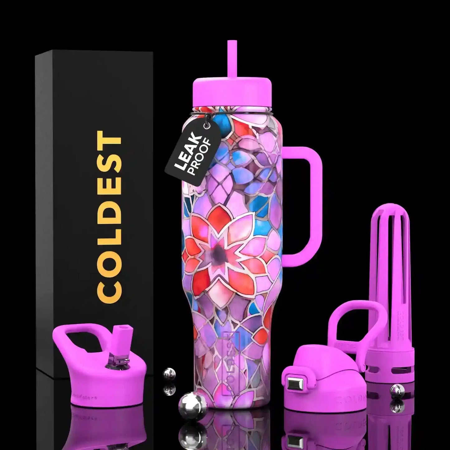 Leak-proof pink floral water bottle with handle, straw, and accessories, perfect for trendy hydration.