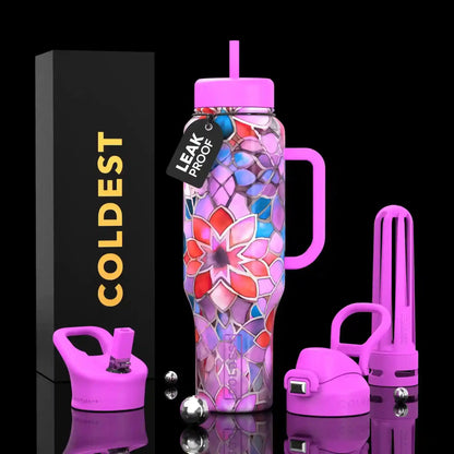 Leak-proof pink floral water bottle with handle, straw, and accessories, perfect for trendy hydration.