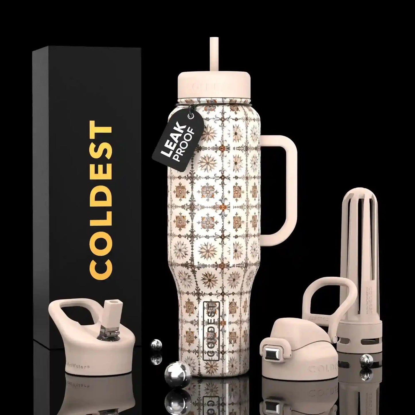 Leak-proof patterned water bottle with handle, straw lid, and accessories, shown with COLDEST packaging