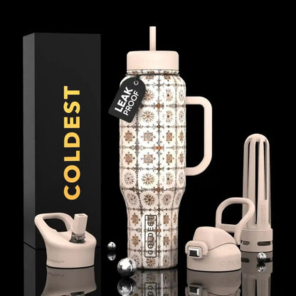 Leak-proof patterned water bottle with handle, straw lid, and accessories, shown with COLDEST packaging