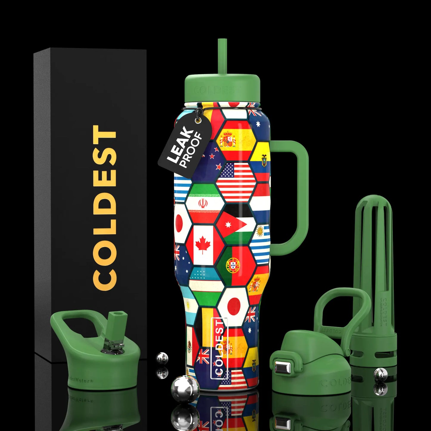 Leak-proof water bottle with world flags design, green lid & handle, Coldest brand, includes straw & infuser