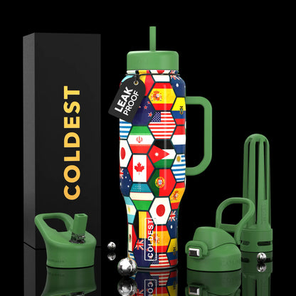 Leak-proof water bottle with world flags design, green lid & handle, Coldest brand, includes straw & infuser