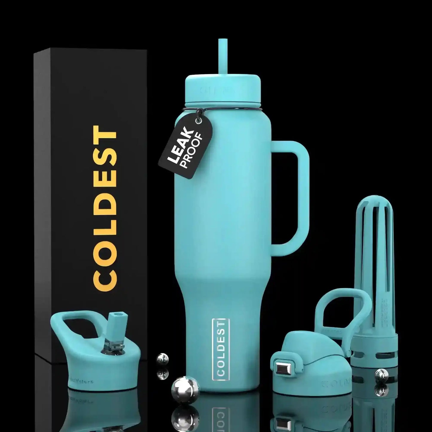 Coldest leak-proof water bottle with straw lid, handle, and accessories, shown with branded box on black background