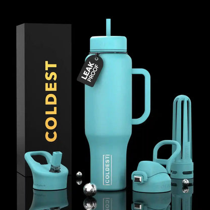 Coldest leak-proof water bottle with straw lid, handle, and accessories, shown with branded box on black background