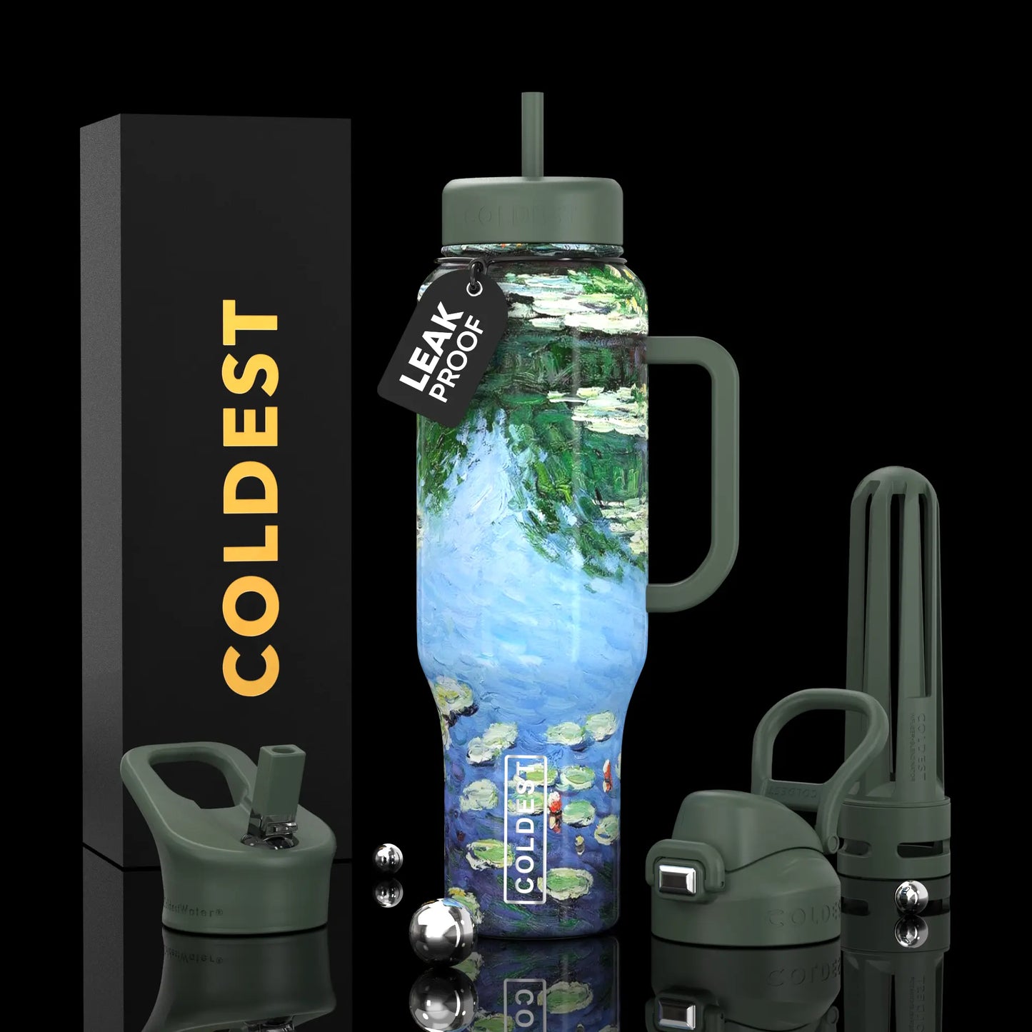 Leak-proof water bottle with Monet-inspired lily pad design, olive green lid & handle, COLDEST brand