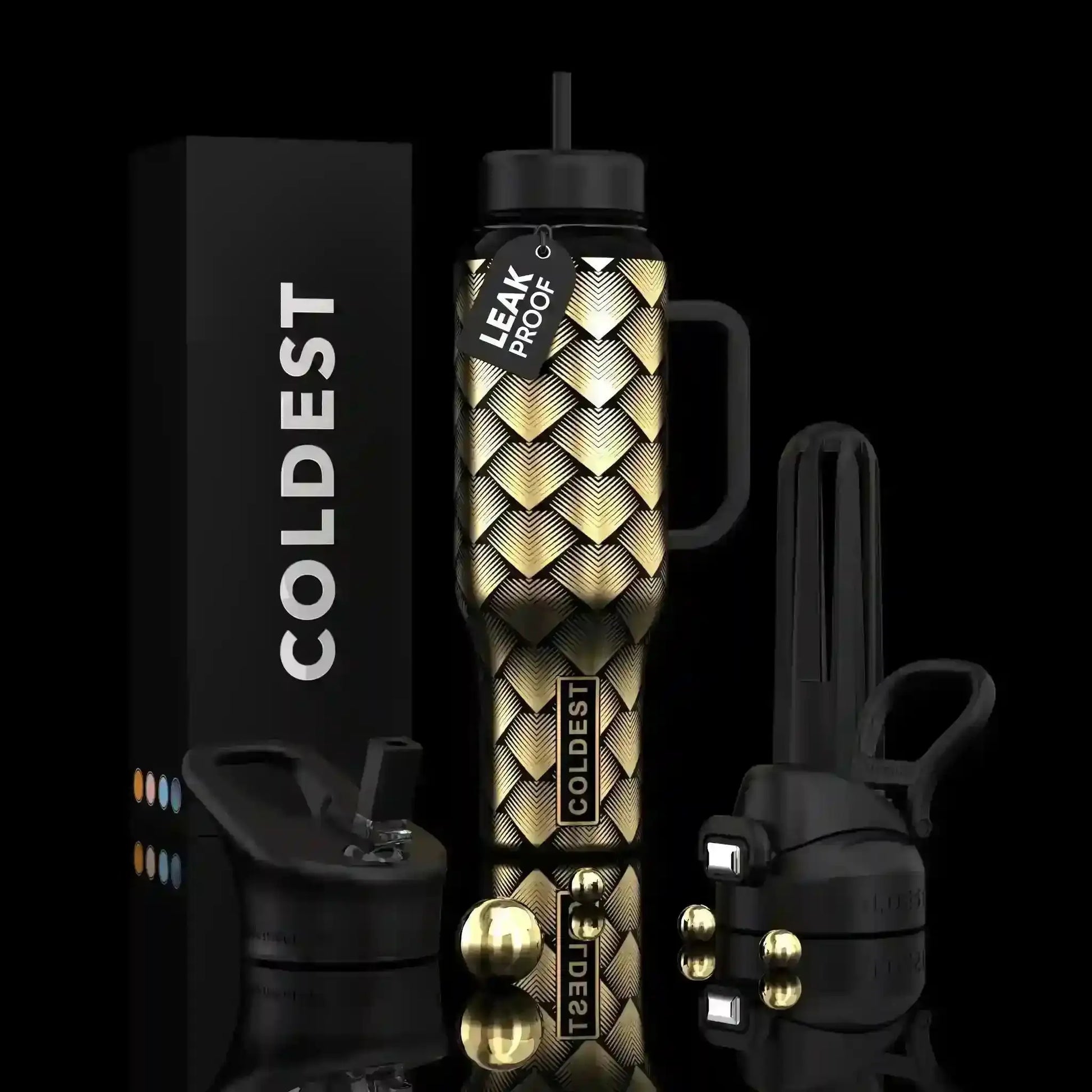 Coldest leak-proof water bottle with gold chevron design, black lid, and carrying strap, shown with packaging.