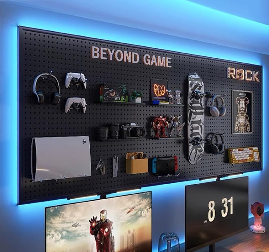 RGB Gaming Pegboard Wall Organizer with Metal Panels and Hooks, 12x24 Setup NSD Gaming Supply RGB Gaming Pegboard Wall Organizer with Metal Panels and Hooks, 12x24 Setup   Pixxel Core