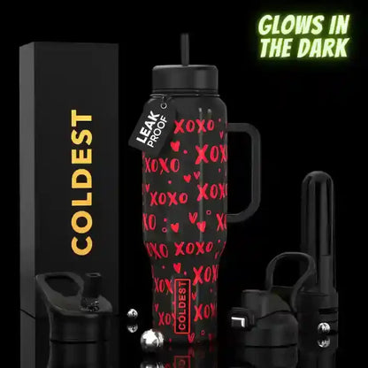 Glow-in-the-dark XOXO water bottle with leak-proof lid, black handle, and COLDEST branding, perfect for e-girl fashion & tech trends