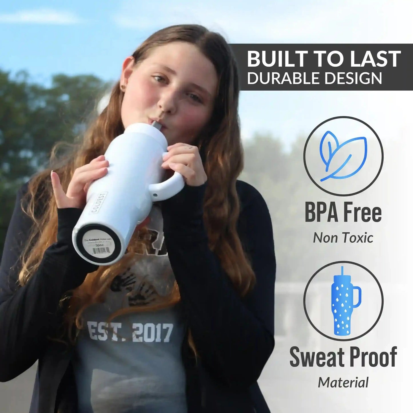 Durable BPA-free sweat-proof water bottle for on-the-go hydration, perfect for trendsetters and daily use.