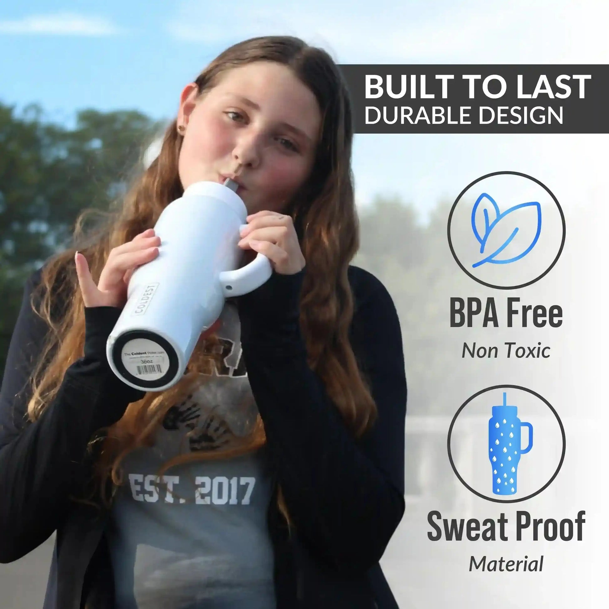 Durable BPA-free sweat-proof water bottle for on-the-go hydration, perfect for trendsetters and daily use.