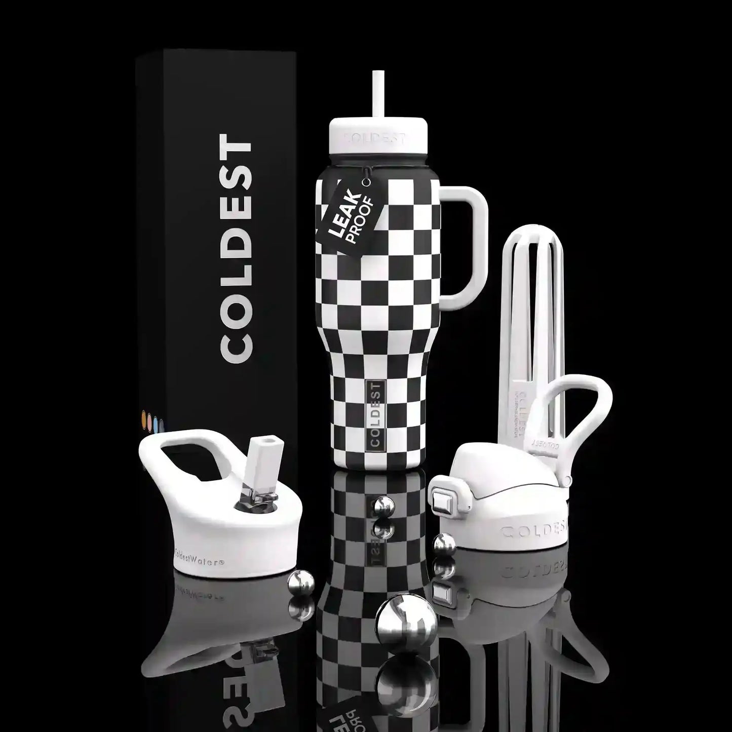 Black and white checkered leak-proof water bottle with handle, straw lid, and accessories on reflective surface