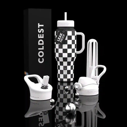 Black and white checkered leak-proof water bottle with handle, straw lid, and accessories on reflective surface