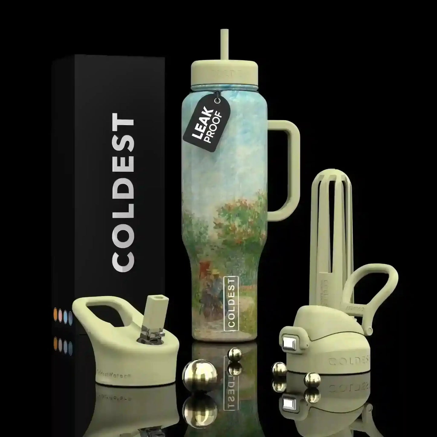 Leak-proof Coldest water bottle with artistic design, handle, and straw lid, shown with packaging and accessories