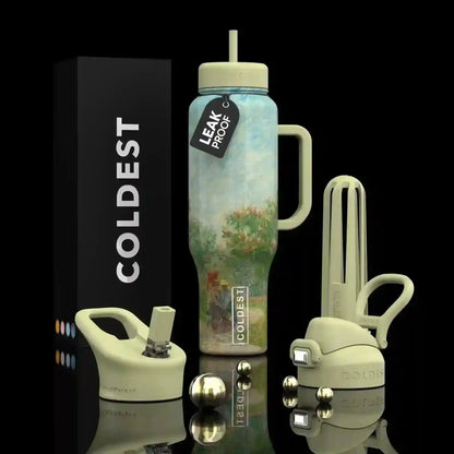 Leak-proof Coldest water bottle with artistic design, handle, and straw lid, shown with packaging and accessories