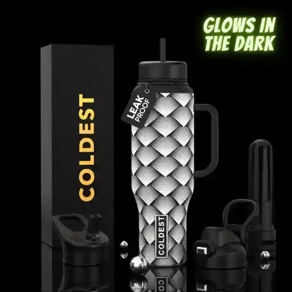 Glow-in-the-dark leak-proof water bottle with geometric pattern, black handle, and COLDEST branding