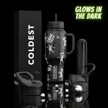 Glow-in-the-dark leak-proof water bottle with mummy print, black packaging, and accessories