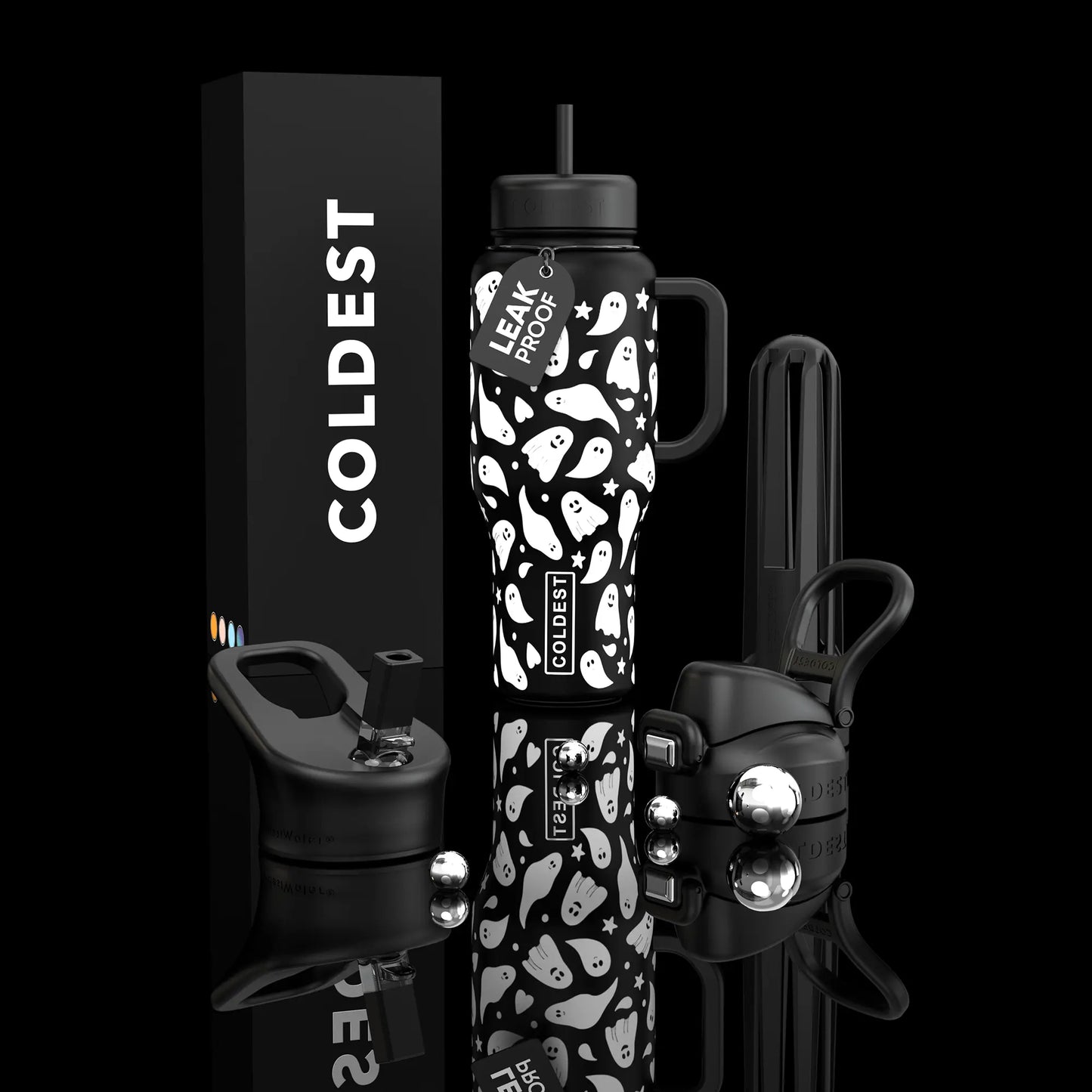 Black ghost-print leakproof water bottle with handle, straw lid, and accessories, styled with branded box