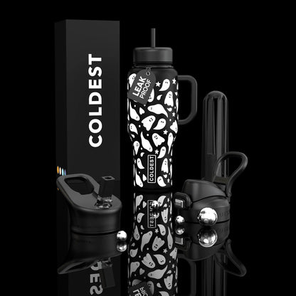 Black ghost-print leakproof water bottle with handle, straw lid, and accessories, styled with branded box