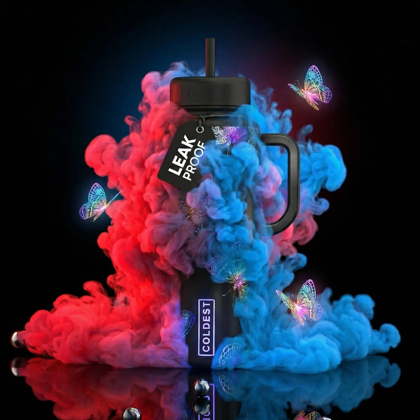 Leak-proof Coldest tumbler with neon butterflies and colorful smoke, trendy aesthetic drinkware