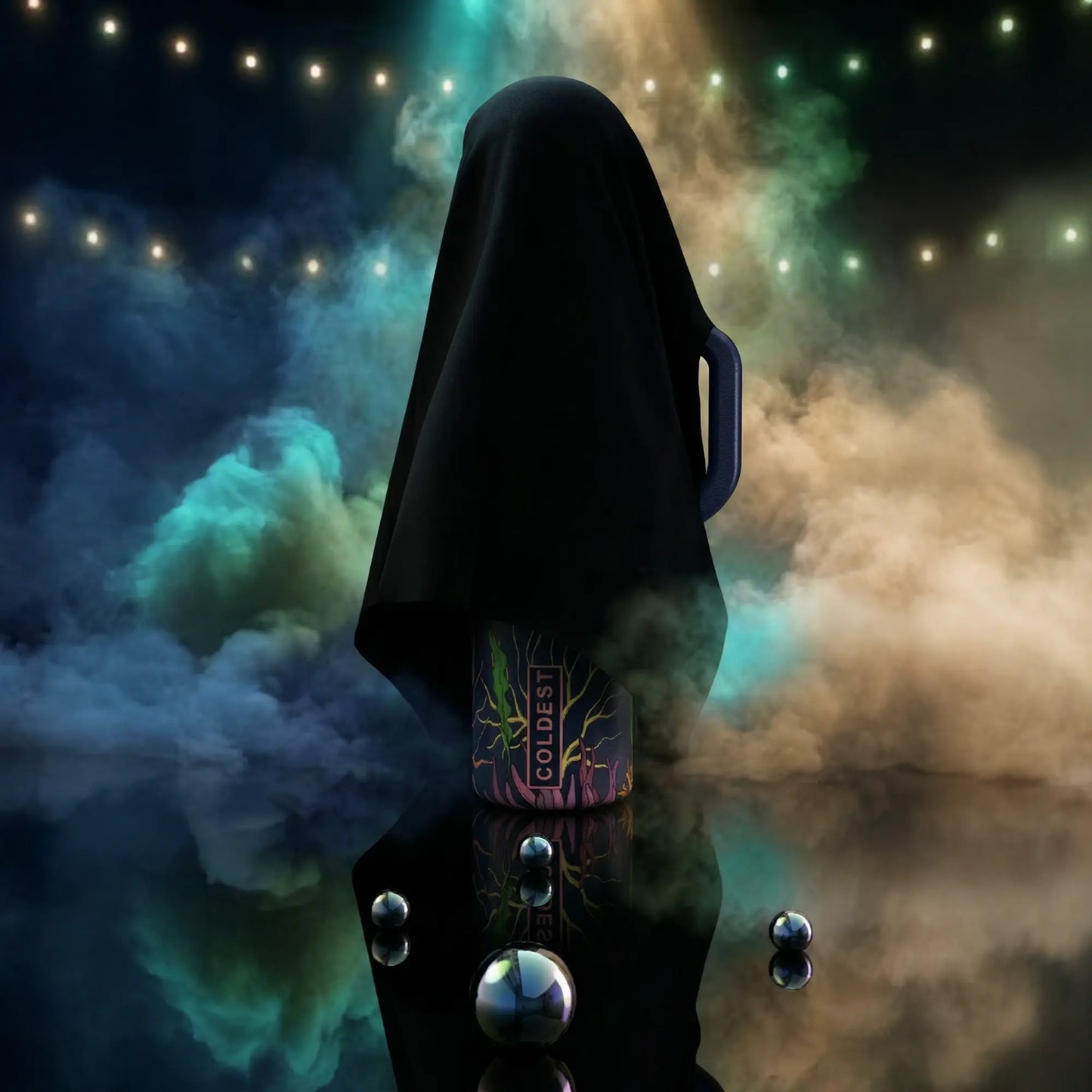 Mysterious black-covered tech gadget with 'COLDEST' label, glowing orbs, and neon smoke—trendy e-girl aesthetic gear