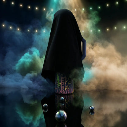 Mysterious black-covered tech gadget with 'COLDEST' label, glowing orbs, and neon smoke—trendy e-girl aesthetic gear