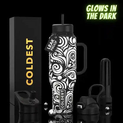 Glow-in-the-dark leak-proof water bottle with swirl pattern, black handle, and COLDEST branding